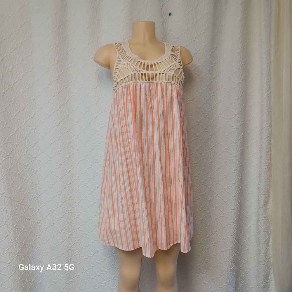 Entro Women Size M Orange and White Striped Dress with Crochet Accent